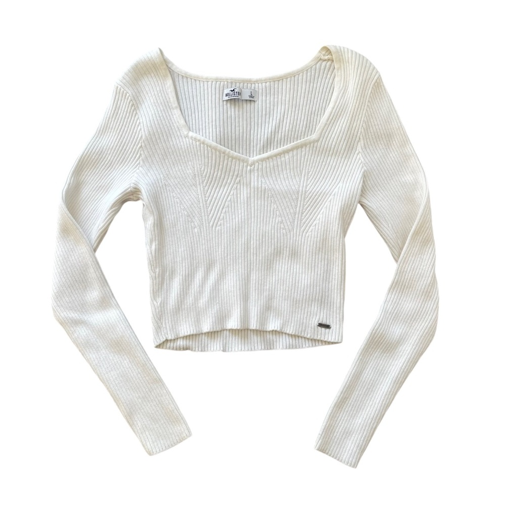 Hollister White Ribbed Knit Long Sleeve V Neck‎ Cropped Sweater Size L Chic